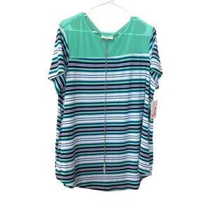 Bobbie Brooks Womens 2X Plus Size Striped Top W/ Necklace Short Sleeve Lightweig
